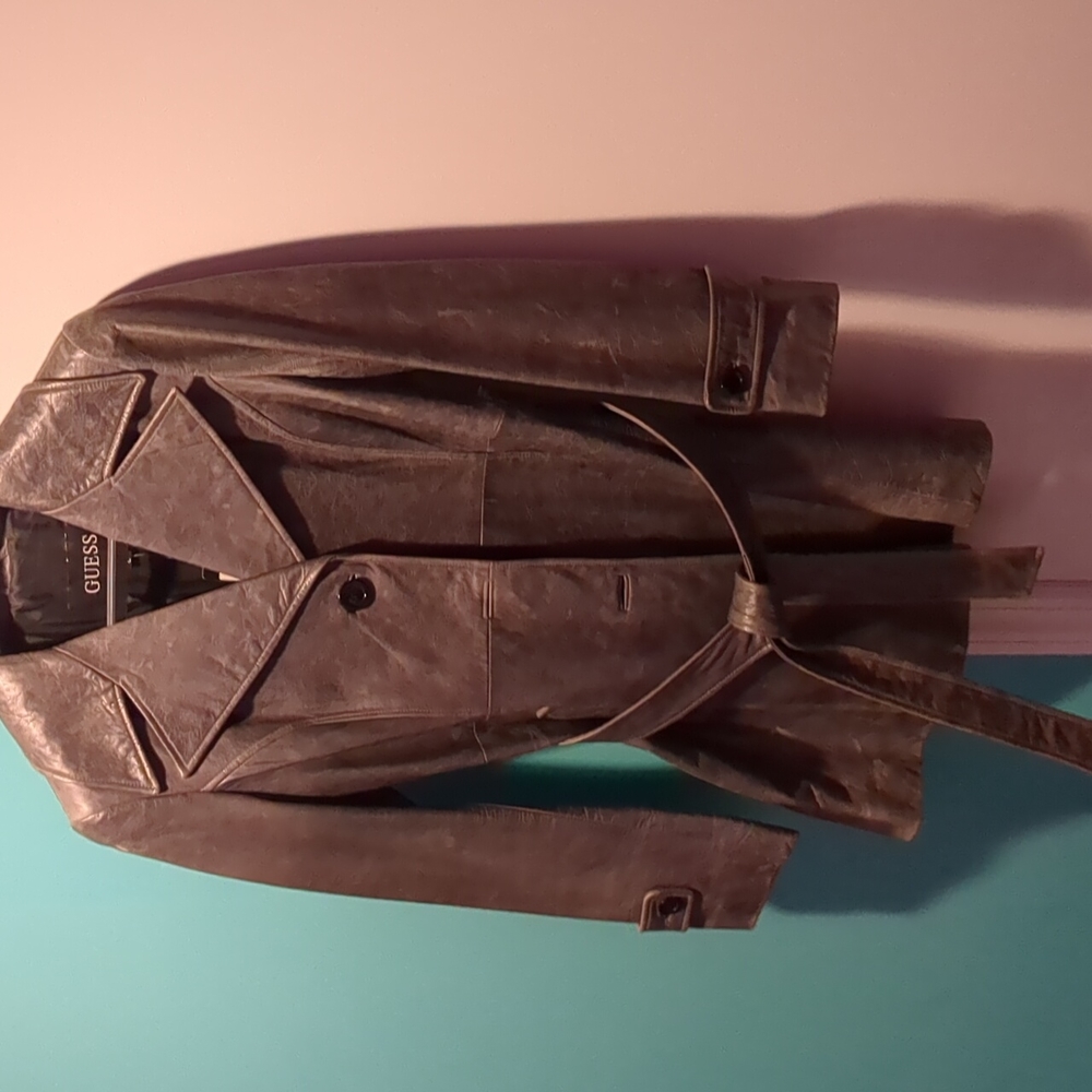 Vintage Guess Genuine Olive Grey Leather 3 Button Coat Size Large